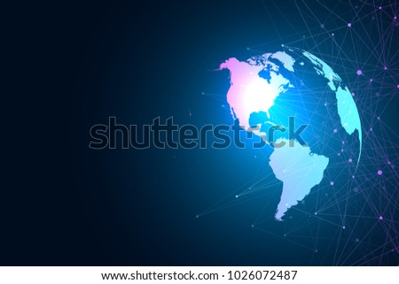World map point with global technology networking concept. Digital data visualization. Lines plexus. Big Data background communication. Scientific illustration