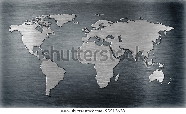 world relief or shape on metal plate. 