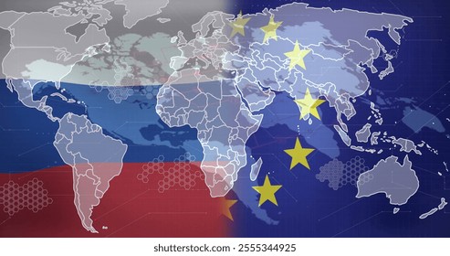 World map with Russia and European Union flags image. Geopolitics, international relations, global, political, diplomacy, countries