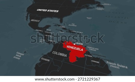 World map segment highlighting the USA and Venezuela, marked in contrasting colors to represent rising military conflict, geopolitical tension, international relations, defense issues, crisis