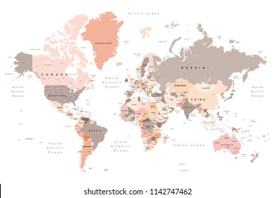 World map - showing countries, states (USA & Australia), capital cities, some lakes, oceans and seas. This is saved as a jpeg so no need for a vector program. Print no less than 36" wide.