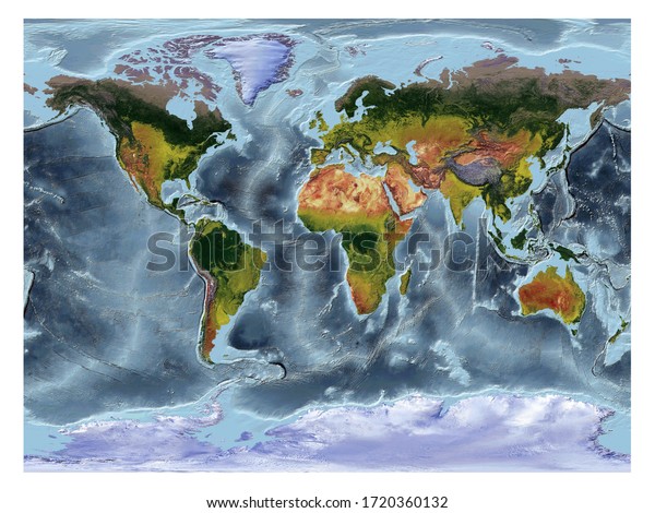 World Map showing land cover and shaded relief\
with a natural style and a relief shading of the oceans. Gall\
Stereographic\
projection