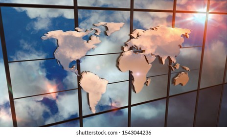 World Map Sign On Glass Skyscraper. Sky And Sun Rays Mirrored In Building Facade. Globalisation, Business, Market, Trade And Finance Concept In 3D Rendering Illustration.
