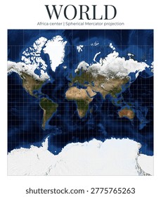 World map in Spherical Mercator projection, Africa-centered. Detailed physical map of Earth. Navigation and web slippy maps. April View. Elements of this image furnished by NASA.
