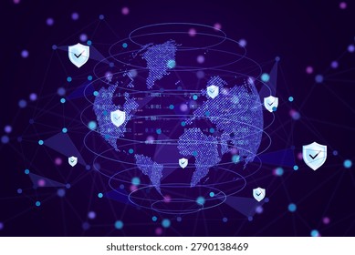World map surrounded by shield icons and connected nodes for secure global networking and data protection. Concept for cybersecurity services, VPN providers and cloud security