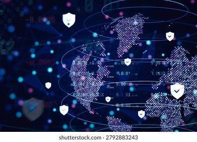 World map surrounded by shield icons and connected nodes for secure global networking and data protection. Concept for cybersecurity services, VPN providers and cloud security