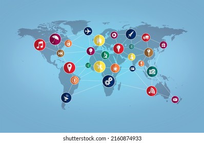 World Map with Technology Icons - Information Technology Concept