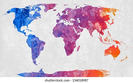 World map textured with a colorful abstract acrylic painting