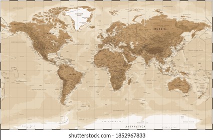 World Map Vintage Physical Topographic Detailed Stock Illustration ...