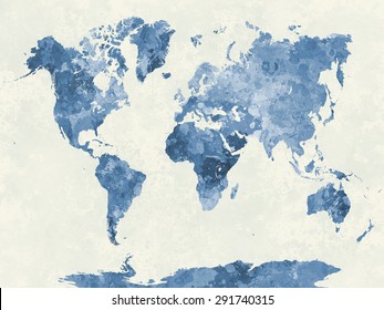 World Map In Watercolor Painting Abstract Splatters Blue