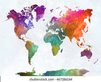 World map in watercolor painting abstract splatters