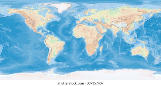 World Map In WGS84 Projection With Hypsometric Tints And Shaded Relief