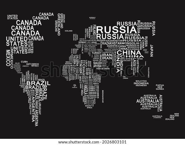 World Map. White on a Black Background.\
Countries are Marked with Inscriptions.\
