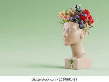 World Mental Health Day banner background template with a woman sculpture head filled with colorful flowers and a green ribbon, mental health awareness, mindfulness concept in 3D illustration - Powered by Shutterstock