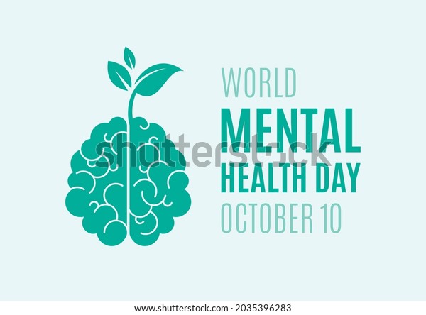 World Mental Health\
Day illustration. Human brain with growing plant icon. Human brain\
with sprout green silhouette icon. Mental Health Day Poster,\
October 10. Important\
day