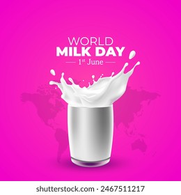 World Milk Day. Glass of Milk splash and world map background. Creative banner, poster, social media post design. - Powered by Shutterstock