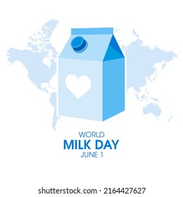 World Milk Day Poster with box of milk illustration. Box of milk and world map icon isolated on a white background. Carton of milk with heart shape icon. June 1. Important day - Powered by Shutterstock