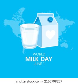 World Milk Day Poster with glass of milk illustration. Full glass of milk, box of milk and world map icon isolated on a blue background. June 1. Important day - Powered by Shutterstock