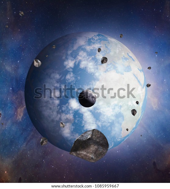 World and
moon. Surrealistic and fantastic 3D rendering. Meteorites, clouds,
stars, Orion nebula, sea, waves,
earth.