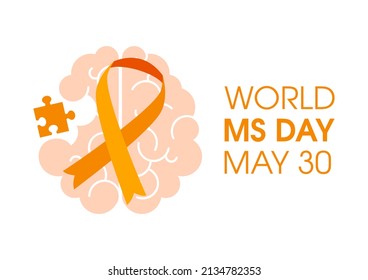 World MS Day Illustration. Human Brain With Orange Ribbon And With A Puzzle Piece Icon Isolated On A White Background. Awareness Raising Campaign For Multiple Sclerosis Illustration. May 30