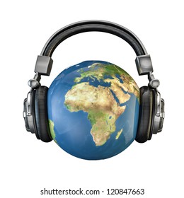 World Music 3D Render Of Planet Earth With Headphones, Earth Map Texture Source: Cinema4dtutorial.net