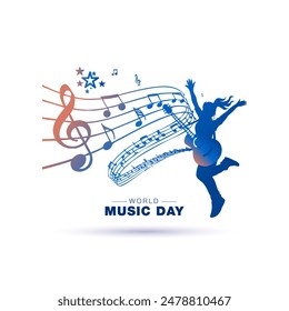 World Music Day. Guitar rockstar girl with Musical notes, instrument and background. - Powered by Shutterstock