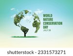 World Nature Conservation Day concept. Green World Map- 3D tree or forest shape of world map isolated on white background. Green Planet Earth Day or Environment day Concept. World Forestry Day.