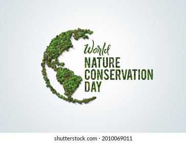 World Nature Conservation Day Concept. Green World Map- 3D Tree Or Forest Shape Of World Map Isolated On White Background. Green Planet Earth Day Or Environment Day Concept. World Forestry Day.