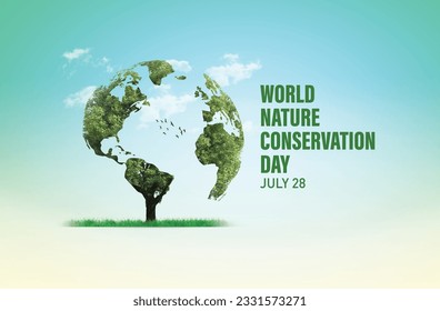 World Nature Conservation Day concept. Green World Map- 3D tree or forest shape of world map isolated on white background. Green Planet Earth Day or Environment day Concept. World Forestry Day.