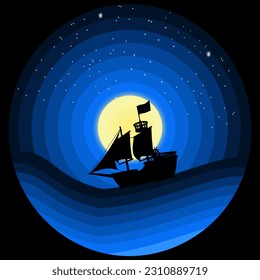 World ocean day. Sailing ship in the sea at night with color pallete and moon background. Illustration. - Powered by Shutterstock