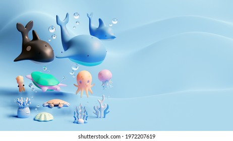 World Oceans Day Landing Page Template With Sea Animals 3D Rendering
