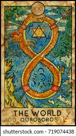 World. Ouroboros. Fantasy Creatures Tarot full deck. Major arcana. Hand drawn graphic illustration, engraved colorful painting with occult symbols