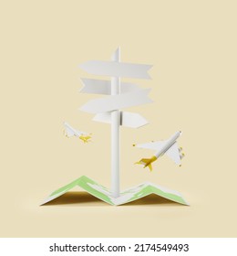 World Paper Map And Flying Airplanes On Light Background. Direction Signs Mockup Blank Copy Space. Concept Of Travel And Vacation. 3D Rendering