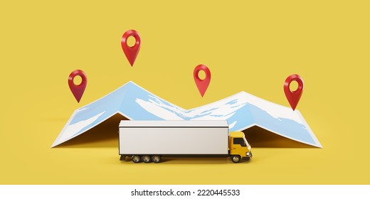 World Paper Map With Location Pin, Truck Mockup Copy Space Side View. Concept Of Logistics And Trucking. 3D Rendering