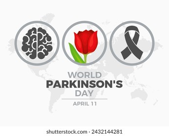 World Parkinson's Day poster with red tulip illustration. Red tulip, gray awareness ribbon and human brain round icon set. Suitable for card, background, banner. April 11 every year. Important day - Powered by Shutterstock