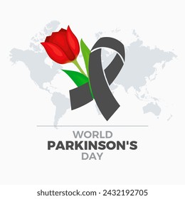 World Parkinson's Day poster with red tulip illustration. Red tulip flower and gray awareness ribbon icon. Suitable for card, background, banner. April 11 every year. Important day - Powered by Shutterstock