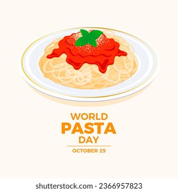 World Pasta Day poster illustration. Plate of spaghetti with tomato sauce, cheese and basil leaf icon. Pasta on a plate drawing. October 25 every year. Important day - Powered by Shutterstock