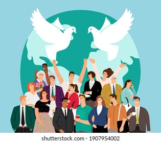 World peace day. Multicultural crowd people. Happy international friends, friendship and humanity. Multiethnic society illustration - Powered by Shutterstock