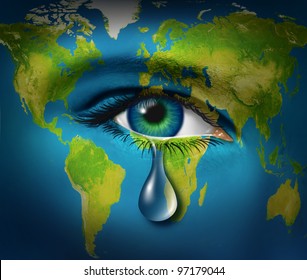 World Poverty And Natural Disaster Relief And Refugee Crisis From Poor Countries Suffering From Drought And War Resulting In Famine As An Earth Map With A Sad Tear Crying From An Eye Of A Child,