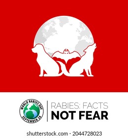 World Rabies Day Social Media Banner. Globe, Dog, Fox And Bat.