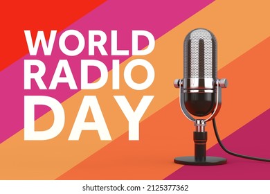 World Radio Day Concept. Vintage Radio Station Microphone with Radio Day Sign on a multicolored background. 3d Rendering  - Powered by Shutterstock