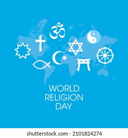 World Religion Day Poster with religious symbols illustration. Religious symbols white silhouette icon set. World map and religions symbols illustration. Important day