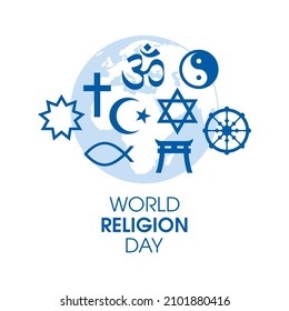 World Religion Day Poster with religious symbols illustration. Religious symbols blue silhouette icon set isolated on a white background. World map and religions symbols illustration. Important day