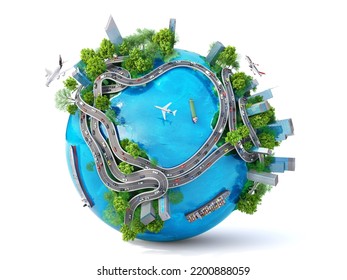 World Shipping. Planet With Traffic On A White Background. 3d Illustration