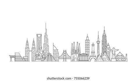 World Skyline. Illustations In Outline Style