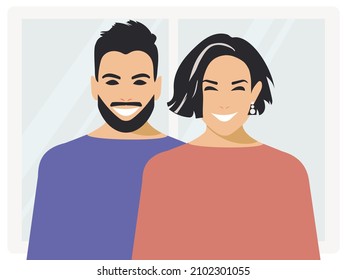 World Smile Day. Cheerful couple with black short hair laughs and feels happy, exudes joy and mentally well. Poster design in flat style. Man and woman together.  - Powered by Shutterstock