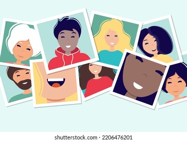 World smile day. Many pictures with smiling people of different nationalities. Photo frames on the table. Template for banner, postcard, card, invitation.  - Powered by Shutterstock