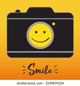 World Smile Day october 6th banner. Black camera with smile face inside . Smile in the camera.