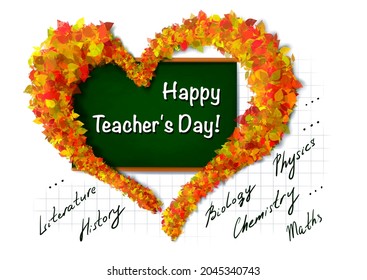 World Teachers' Day. A Greeting Card. A Bright Autumnal Picture With A School Chalkboard On A White Background. A Listing Of The Different Names Of The School Lessons. 