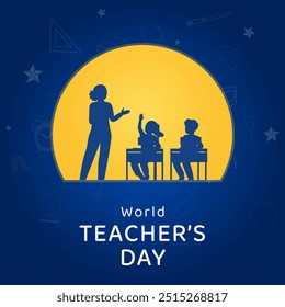 World Teachers' Day poster with a moon at the center, showcasing a teacher guiding two students, symbolizing the enlightening role of teachers in shaping minds, much like the moon lights the night. - Powered by Shutterstock